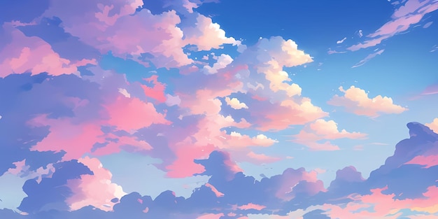 Anime Sunny Day Blue Sky Sun shine White Fluffy Clouds Bright Weather in Summer Season cartoon