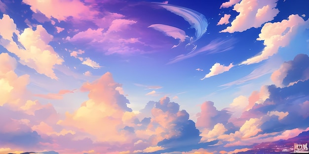 Anime Sunny Day Blue Sky Sun shine White Fluffy Clouds Bright Weather in Summer Season cartoon