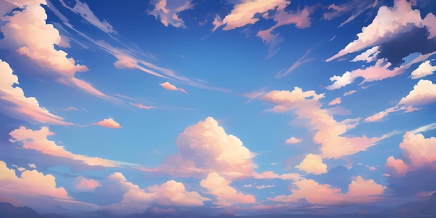 Anime Sunny Day Blue Sky Sun shine White Fluffy Clouds Bright Weather in Summer Season cartoon