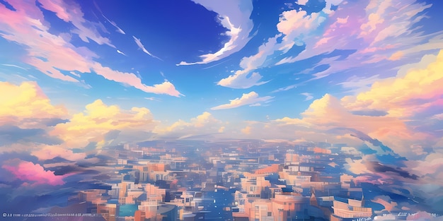 Anime Sunny Day Blue Sky Sun shine White Fluffy Clouds Bright Weather in Summer Season cartoon