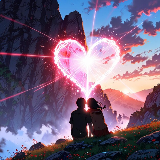 anime valentine a Romantic Sunset in the Mountains