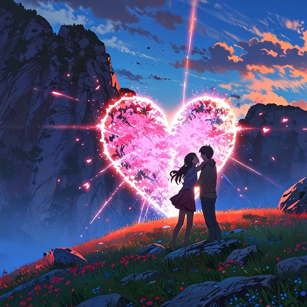 anime valentine a Romantic Sunset in the Mountains