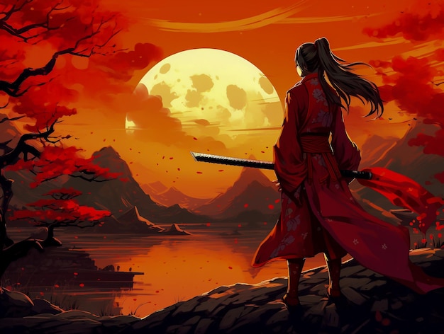 Anime warrior Girl in Kimono samurai holding a katana in front of red moon during a Japanese sunset