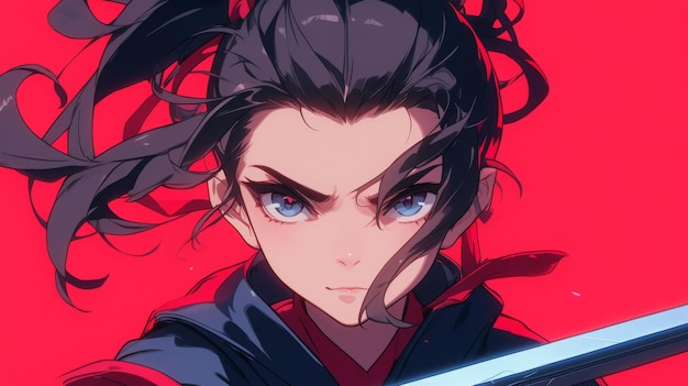 Anime warrior girl with a katana sword long black hair blue eyes and a powerful expression on a red background Fantasy illustration digital art