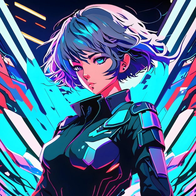 an anime woman with futuristic style and neon lights