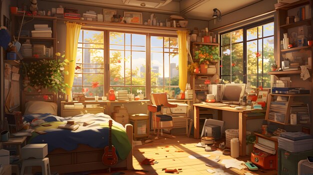 Animeinspired room with a view on the city and home office space