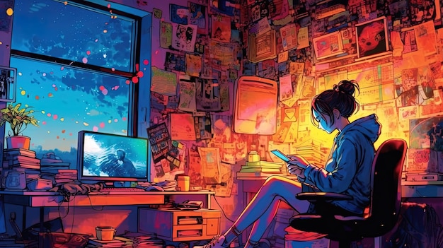 Animemanga illustration of a young girl in her bedroom reading and listening to music Generative AI