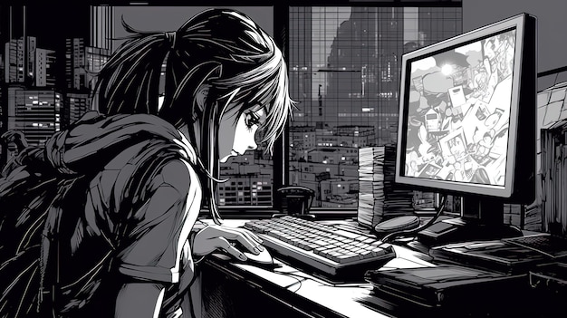 Animemanga illustration of a young girl in her bedroom reading and listening to music Generative AI