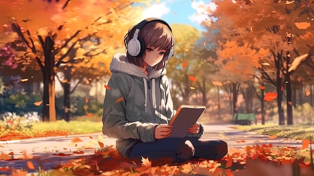 Animemanga style drawing of a young woman sitting on the grass reading and listening to music lofi