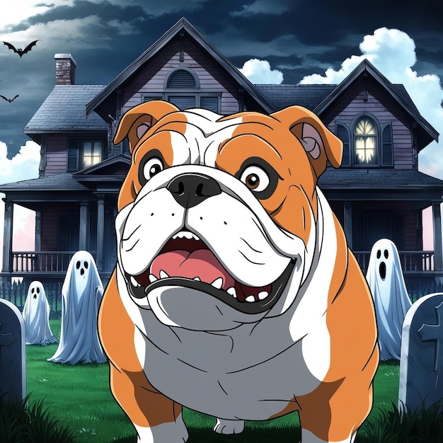 An animestyle a bulldog with a horror background