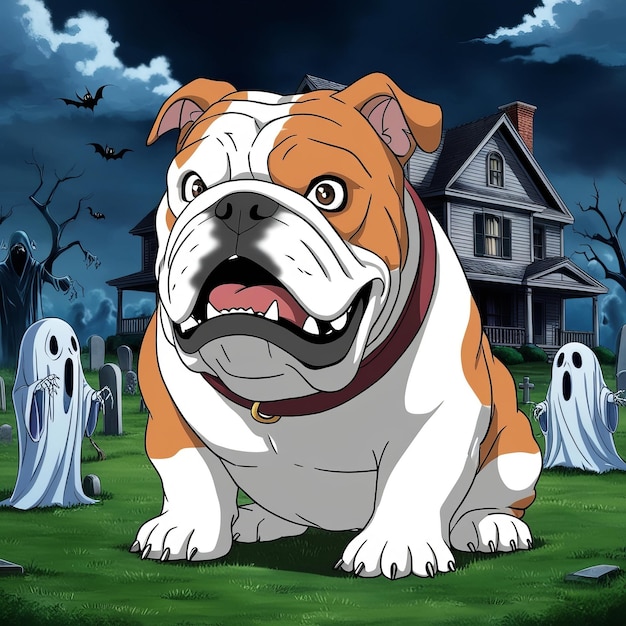 An animestyle a bulldog with a horror background