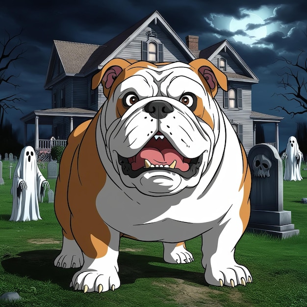 An animestyle a bulldog with a horror background