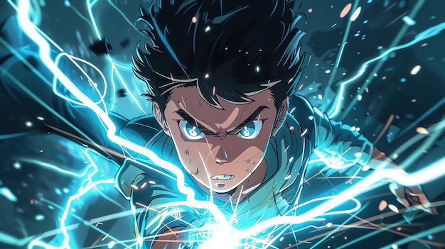 An animestyle character with black hair blue eyes and a determined expression holding a ball of blue energy in his hand