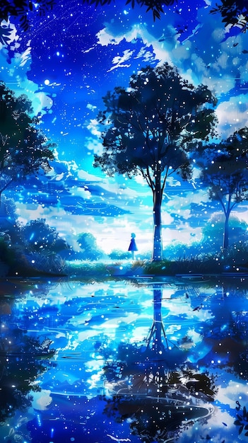 Animestyle illustration girl dress water starry sky night tree clouds