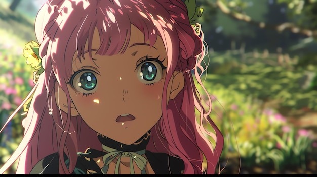 An animestyle illustration of a girl with pink hair and green eyes She is standing in a field