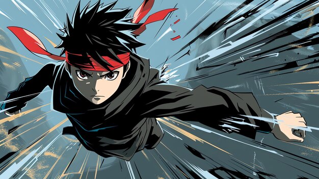 An animestyle illustration of a young man running with a red headband and black outfit