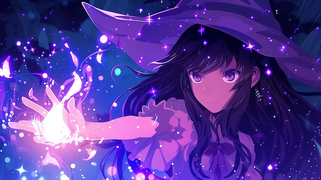 Photo an animestyle illustration of a young woman with long dark hair and a purple witch hat