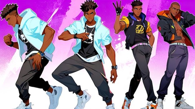 Photo animestyle poses featuring confident and stylish black male characters each character displays boy