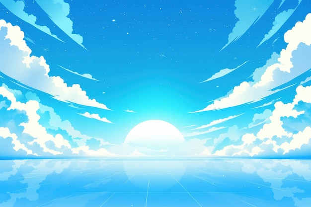 Animestyle sky and sea landscape with soft clouds and bright sun