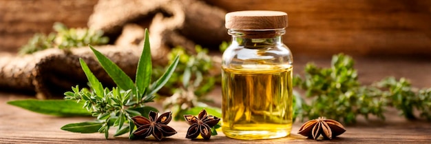 Anise essential oil in a bottle Selective focus