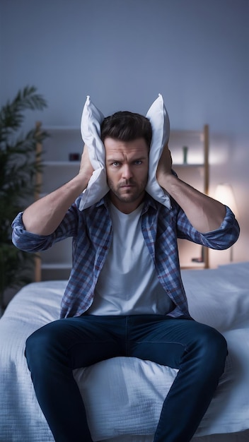 Photo annoyed caucasian man covering ears with pillow suffering insomnia feeling irritated by loud nois