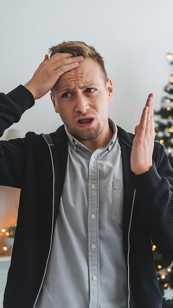 Photo annoyed man slap his forehead and cursing forgetting buy christmas gifts facepalm and standing both