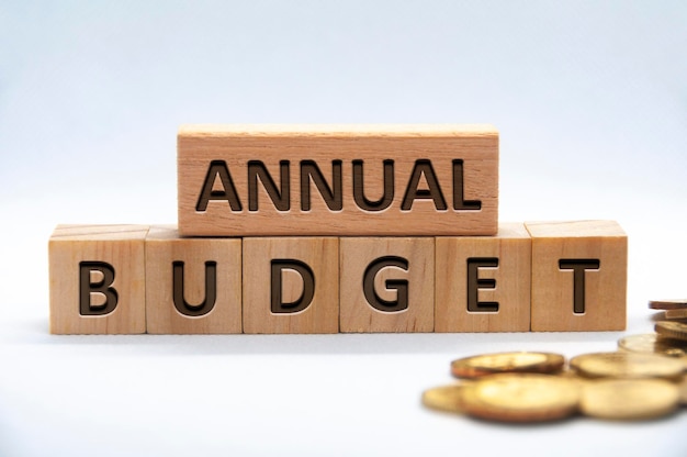 Annual budget text engraved on wooden blocks on white background cover Business and budgeting concept