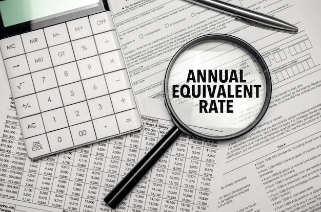 ANNUAL EQUIVALENT RATE words on magnifier glass and calculator with pen