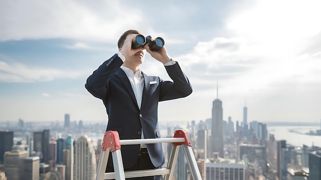 Photo anonymous executive on ladder using binoculars to survey cityscape symbolizing business foresight and ambition