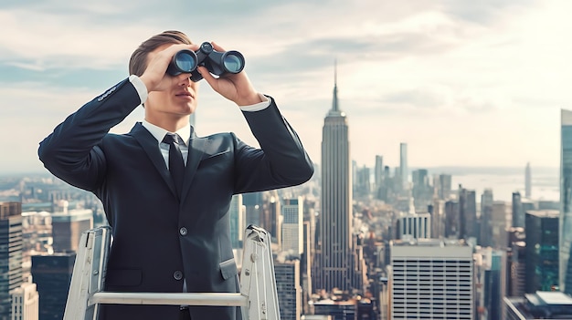 Photo anonymous executive on ladder using binoculars to survey cityscape symbolizing business foresight and ambition