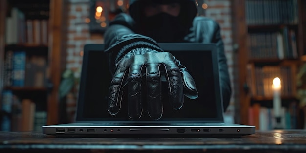 Photo anonymous hacker and cyber criminal man emerging from laptop screen grabbing and stealing passwords