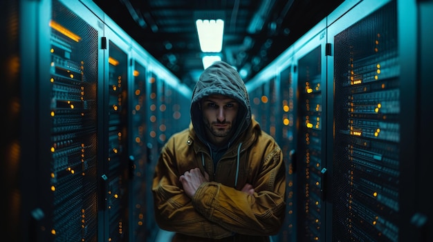 Anonymous Hacker in Data Center With Folded Arms