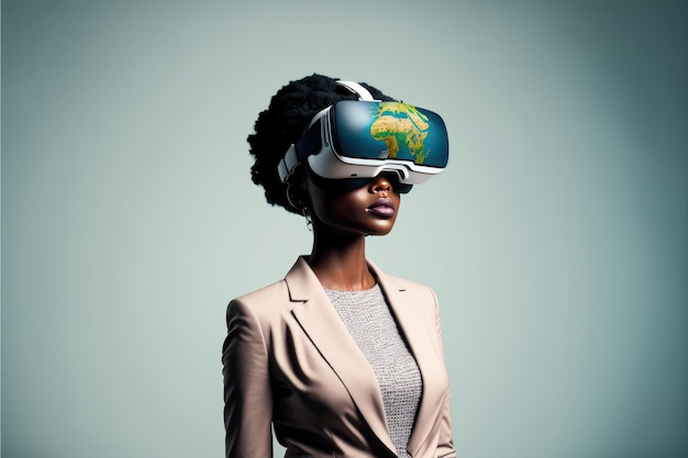 Another reality is here Businesswoman in VR headset Virtual reality simulator Technological advancement in business Generative AI