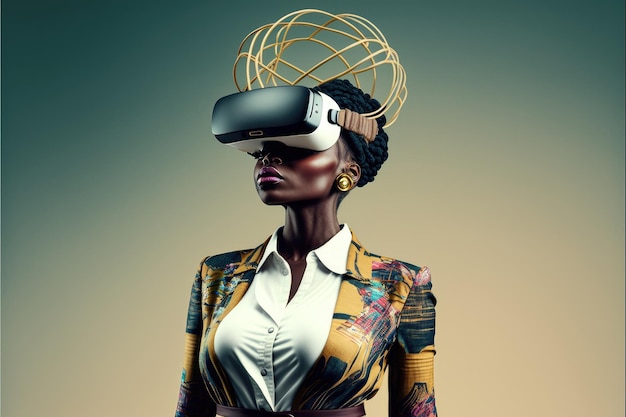 Another reality is here Businesswoman in VR headset Virtual reality simulator Technological advancement in business Generative AI