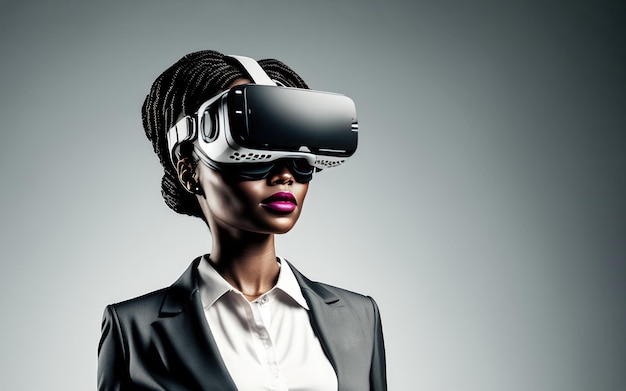 Another reality is here Businesswoman in VR headset Virtual reality simulator Technological advancement in business Generative AI