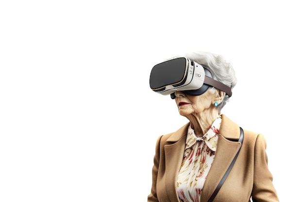 Another reality is here Old Businesswoman in VR headset Virtual reality simulator Technological advancement in business Generative AI