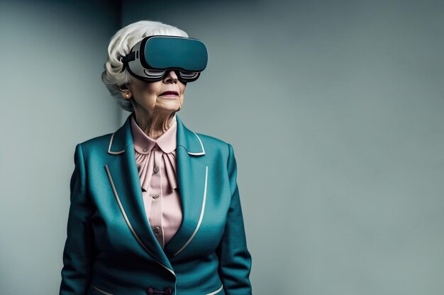 Another reality is here Old Businesswoman in VR headset Virtual reality simulator Technological advancement in business Generative AI