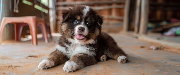 Another Thai Puppy Brown And White In Color Lounges Contentedly On The Sandy Floor Background