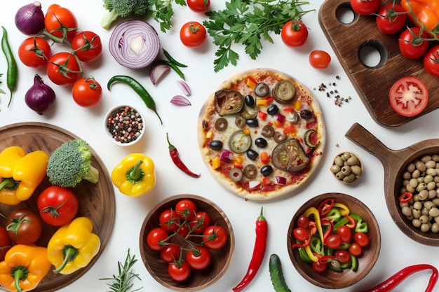 Another vegetarian pizza with fresh vegetables spices and herbs on white background