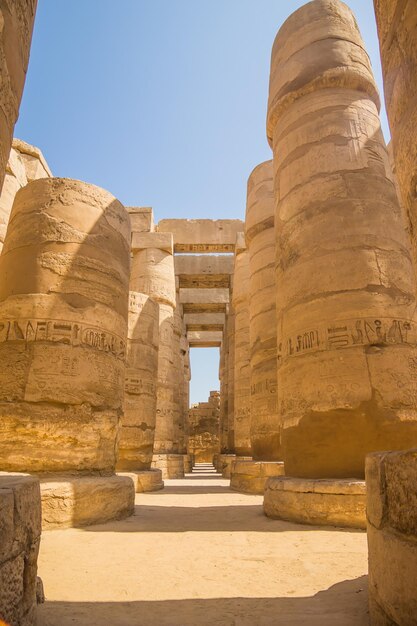 Photo anscient temple of karnak in luxor ruined thebes egypt huge columns with hieroglyphs