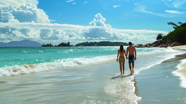 Anse Lazio Praslin Seychelles a young couple of men and women on a tropical beach du Generative AI