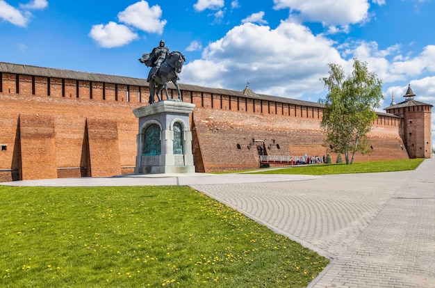 Ansient wall of Kolomna Kremlin and Dmitry Donskoy monument in Kolomna Moscow region