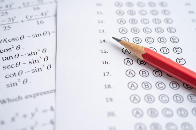 Answer sheets with pencil drawing fill to select choice, education concept