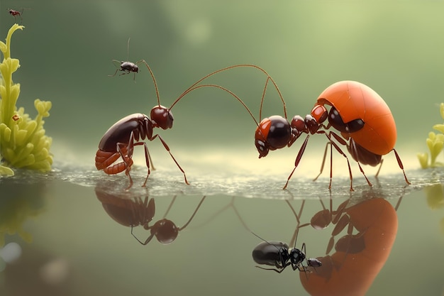 Ant colony crawls on tree branch at sunset generated by AI