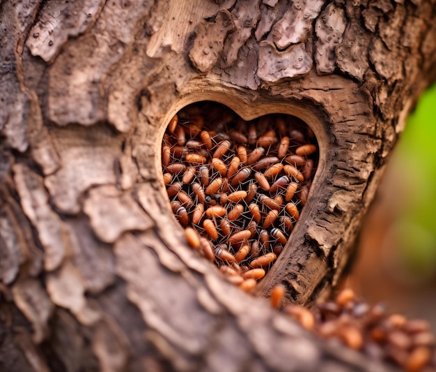 An ant colony forming a heart shaped symbol on a tree showcasing unity and love in nature