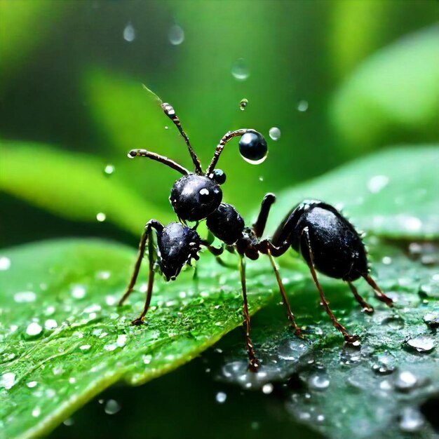 a ant on a green leaf with drops of water