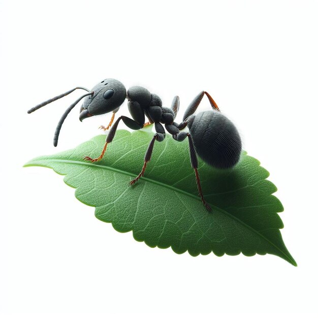 Photo ant on a leaf on a white background