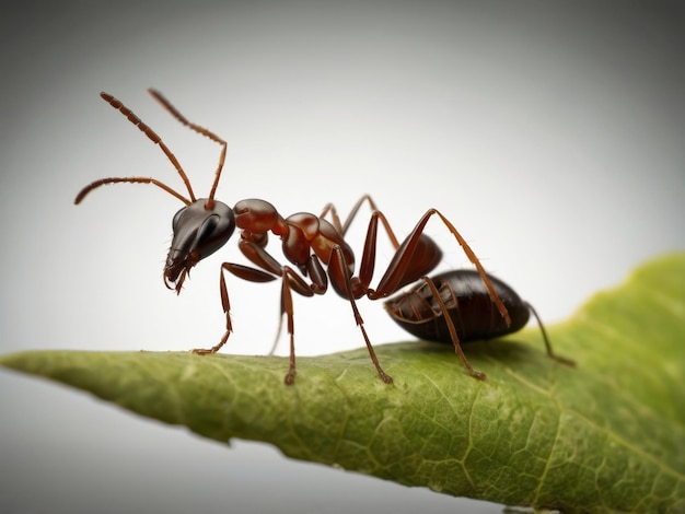 a ant on a leaf with a white background