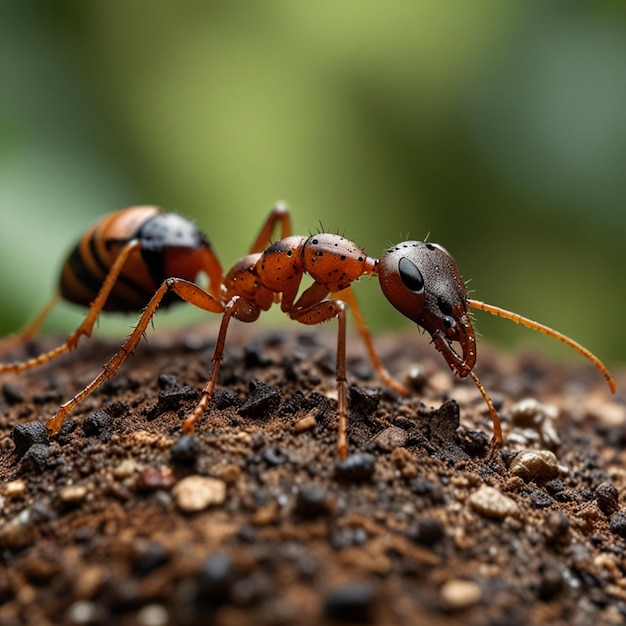 a ant with a black ant on its face is on a wooden surface