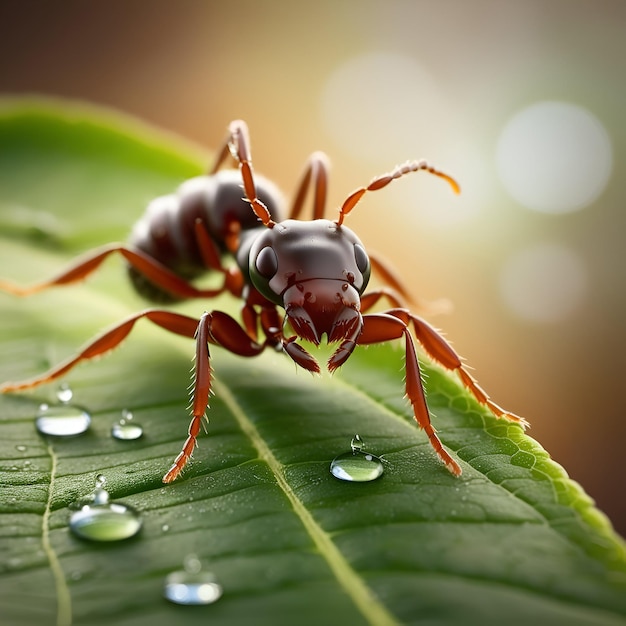 a ant with drops of water on its face sits on a leaf